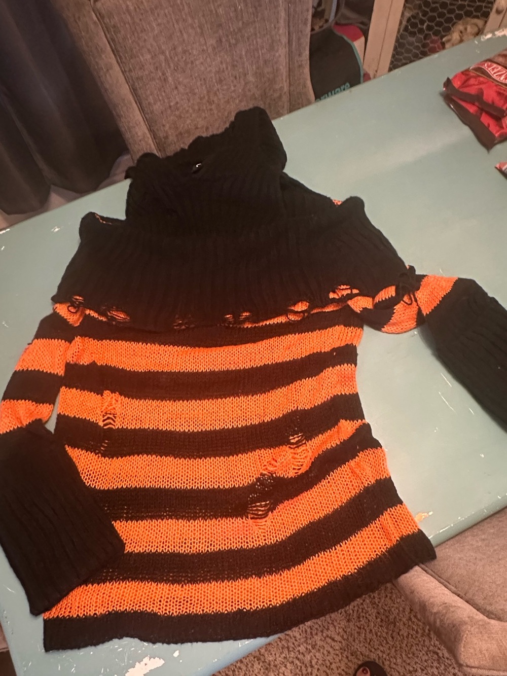 Killstar Black and Orange Striped Distressed Turtleneck Sweater